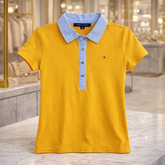 Tommy Hilfiger Mustard Yellow Polo - Golf Shirt XS NWT Pinstripe Collar Preppy - Picture 6 of 9